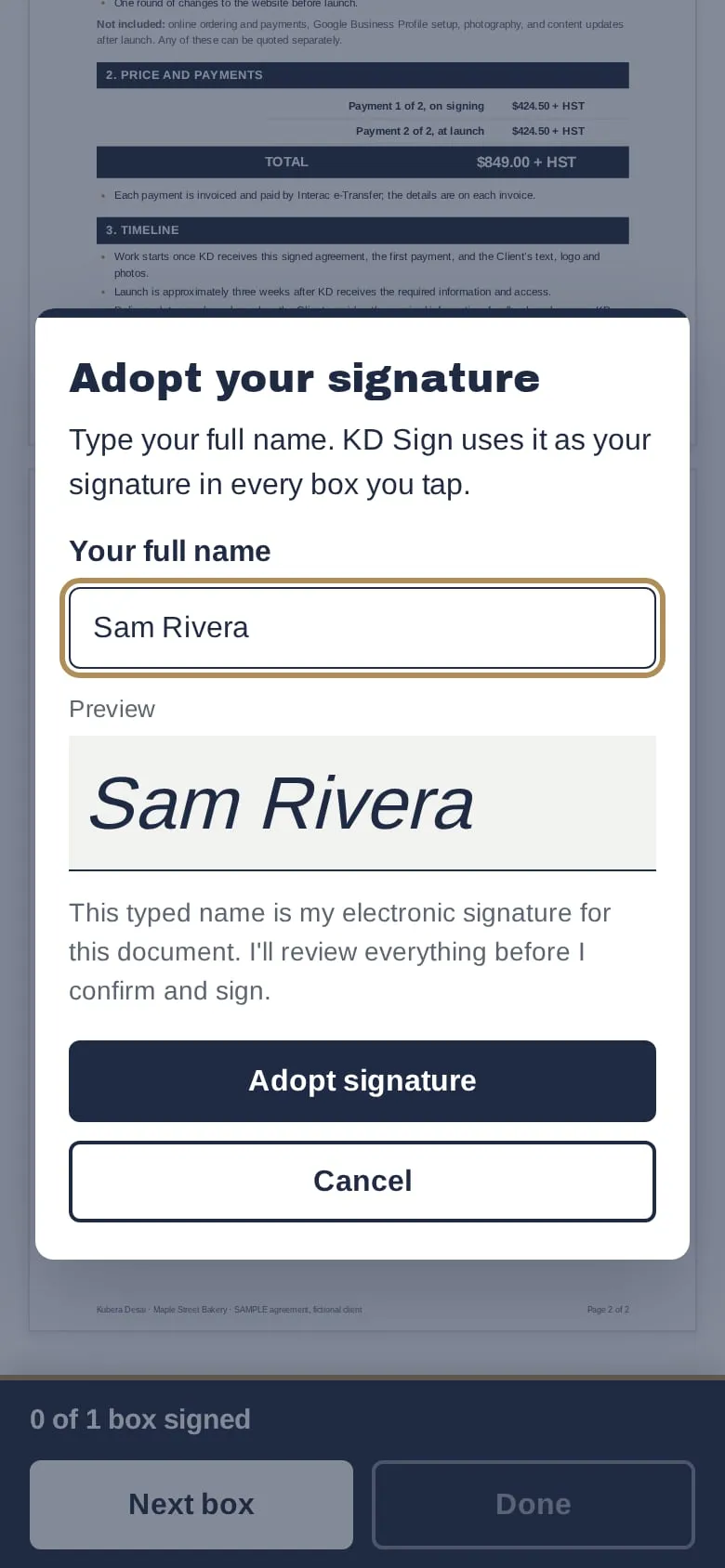The Adopt your signature dialog, with a typed name and its preview