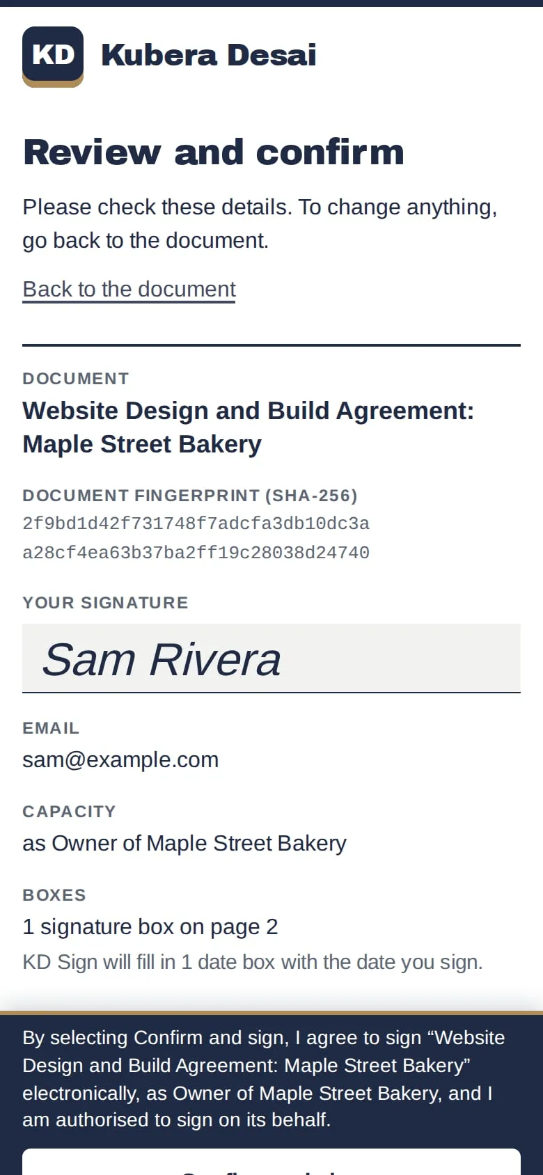 Review and confirm: the document, its fingerprint, the signature and the boxes, with Confirm and sign at the end