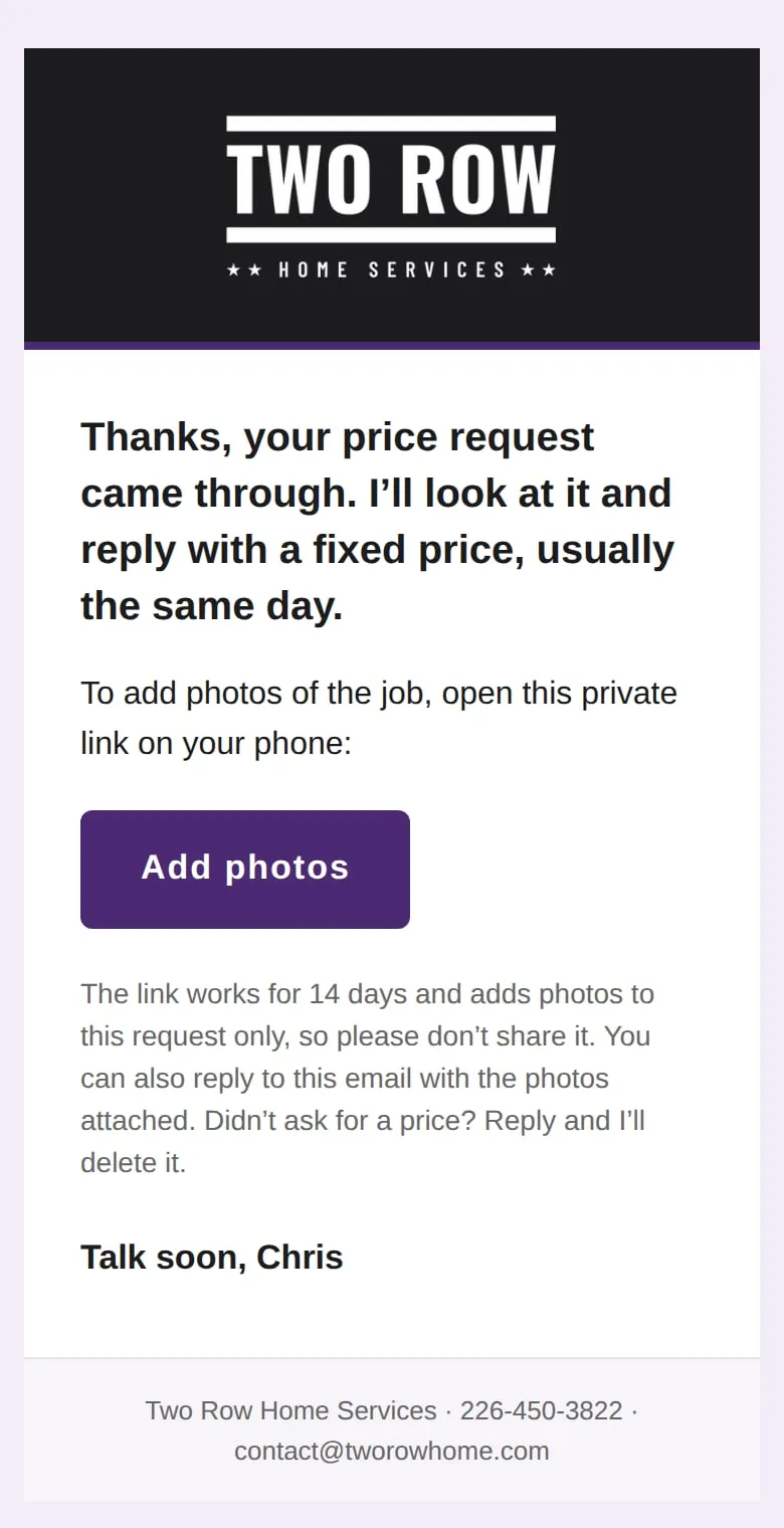 The confirmation email with an Add photos button